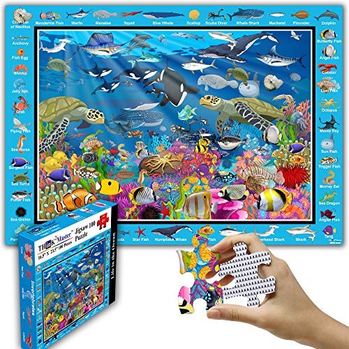Think2Master Colorful Ocean Life 100 Pieces Jigsaw Puzzle Fun Educational Toy for Kids, School & Families. Great Gift for Boys & Girls Ages 4-8 to Stimulate Learning. Size:23.4” X 16.5”