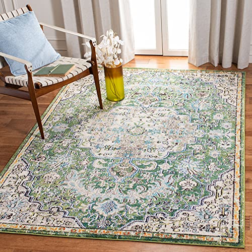 SAFAVIEH Madison Collection Area Rug - 5' Square, Green & Turquoise, Boho Chic Medallion Distressed Design, Non-Shedding & Easy Care, Ideal for High Traffic Areas in Living Room, Bedroom (MAD447Y)