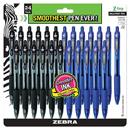ZEBRA , bulk pack of 24 ink pens, Z-Grip Retractable ballpoint pens Medium point 1.0 mm, 12 black & 12 Blue pens combo pack