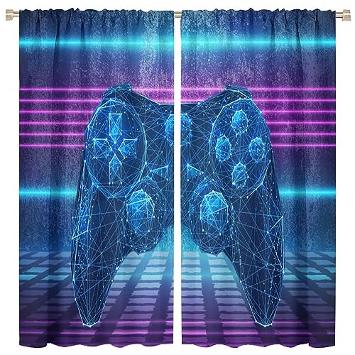 Abstract Cool Gamer Gamepad Curtains - Colorful Digital Geometric Video Game Window Drapes Room Darkening Blackout Curtains Thermal Insulated Rod Pocket Curtains for Bedroom 2 Panels 63' L x 31.5' W