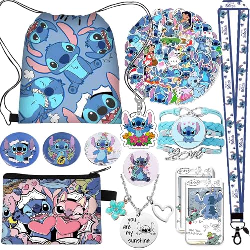 Stitch Merchandise Stuff Gift Set,Stitch Anime Drawstring Bag,Keychain Lanyard,Purse,Stickers,Button Pins,Card Holder (Blue A)
