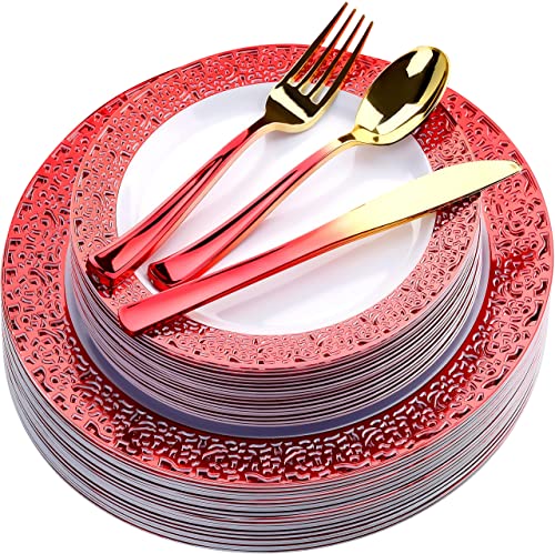 FOMOICA Red Plastic Dinner Plates and Red Gold Silverware - 125 Piece Disposable Premium Plastic Dinnerware Set – Reusable Dinner Plates, Forks, Spoons, Knives – Birthday Parties, Wedding, Christmas