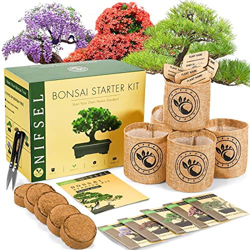 Bonsai Tree kit -NIFSEL Bonsai Growing Kit - Complete Starter kit, 5 Types of Trees - Culture Medium, Plant Marker, Burlap Pots - Indoor Garden Gardening - Unique Garden Gift, Housewarming Present