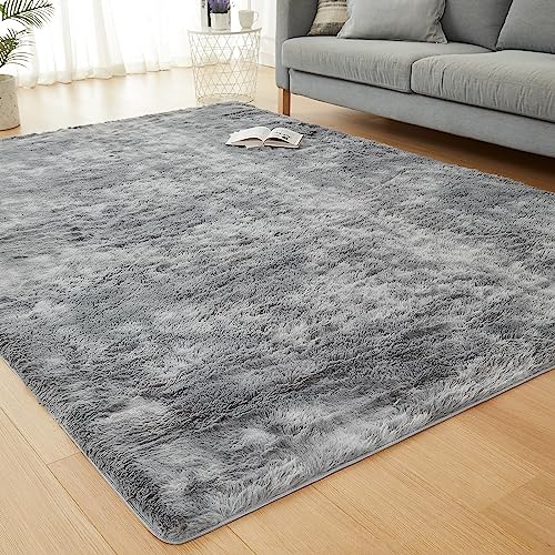 JKMAX Fluffy Shag Rugs for Living Room，Tie-Dyed Light Grey Soft Plush Fuzzy 5x7 Area Rugs for Bedroom Nursery Girls Boys & Kids Room Decor，Upgrade Anti-Skid Large Carpet for Home Decor Aesthetic