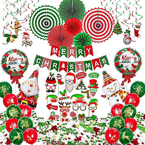 Christmas Party Decorations Supplies, 74 pcs Xmas Decorations Set - Including Paper Fans, Hanging Swirls, Photo Booth Props, Balloons, Confetti and Banner