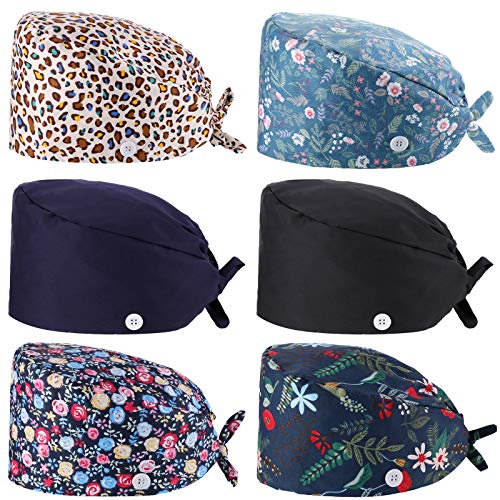 6 Pieces Bouffant Scrub Caps Printed Working Surgical Cap Nurse Hats with Buttons and Sweatband Adjustable Tie Back Hat for Women Men Multi Color