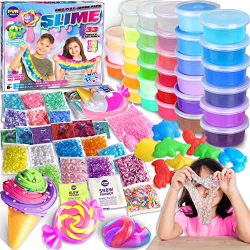 33 Cups Jumbo Slime Kit for Kids, FunKidz Premade Ultimate Slime Pack to DIY Soft, Cloud, Clear, Butter, Glitter, Glow in Dark Slime Making Kits Super Slime Party Favors Gift Toys for Girls and Boys