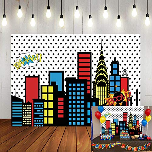 Art Studio 7x5ft Superhero Super City Photography Backdrops Skyline Buildings City Boom Photo Background Children Birthday Party Banner Photo Studio Booth Cake Table Decor Vinyl