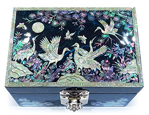 MADDesign Mother of Pearl Lacquered Jewelry Box Ring Tray Cranes Blue