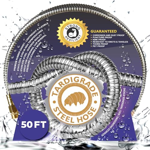 Tardigrade Steel Hose 50FT, Metal Garden Hose, Stainless Steel Water Hose, 50 FT, Heavy Duty, Flexible, High Pressure Outdoor, Lightweight Lawn Gardening Tool, No Kink, Dog Chew Proof