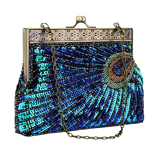 Vistatroy Vintage Style Peacock Clutch 1920s Beaded Bag Party Sequin Handbag Wedding Purse