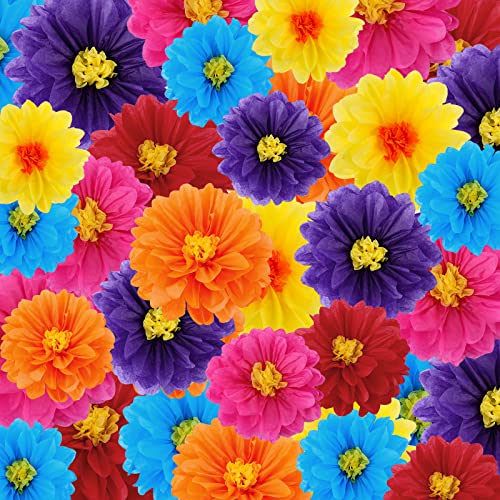 18 Pcs Mexican Paper Flowers Colorful Fiesta Tissue Paper Flowers Pom Poms Mexican Carnival Paper Flowers for Floral Party Backdrop Wedding Birthday Party Craft, 6' 8' 10'