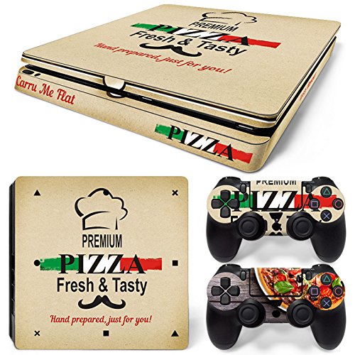 ZOOMHITSKINS PS4 Slim Skin, Compatible for Playstation 4 Slim, Pizza Box Man Boy Slice Pepperoni Cheese, 1 PS4 Slim Console Skin 2 PS4 Slim Controller Skin, Durable & Fit, 3M Vinyl, Made in The USA