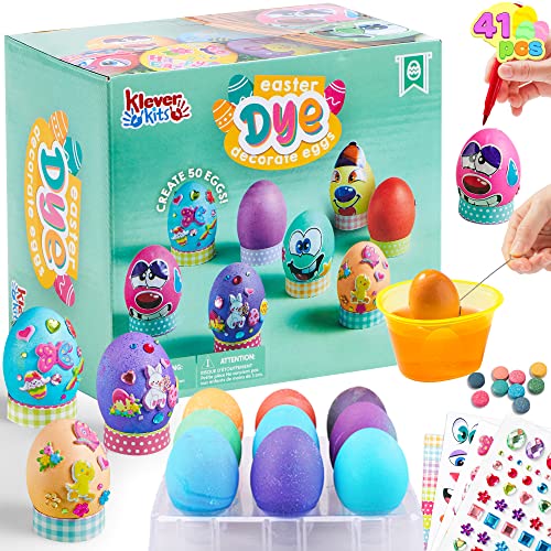 Klever 41 Pcs Easter Egg Decorating DIY Kit with Dye Tablets and Easter Stickers, Coloring Dyeing Set for Kids Easter Theme Party, Egg Hunt Creativity Activity