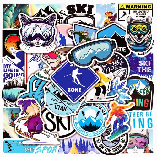 Winter Skiing Stickers Pack 50Pcs Colorful Ski Cartoon Stickers Ski Helmet Stickers for Flasks, Laptops, Water Bottles, Cute Aesthetic Vinyl Waterproof Graffiti Decals for Kids Teen Girls Adults
