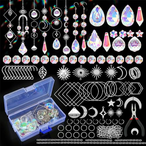 200 Pcs Crystal Suncatcher,Sun Catchers with Crystals,Craft Kits for Adults, with Rainbow Maker, Prism, Pendants, Hooks, Chain for Window Hanging, Home Decor, Wedding Party Decor（Silver）