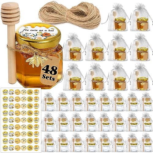 Aliggbent Honey Jars,48 Pcs Mini Honey Jars Party Favors in Bulk,1.5oz Small Hexagon Glass Honey Jars with Dipper,Stickers,Gold Lid,Charm,Gift Bags and Jute,for Baby Shower,Wedding Favors(No Honey)