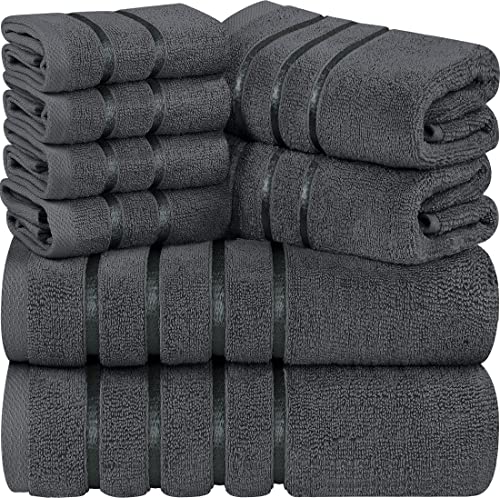 Utopia Towels 8-Piece Luxury Towel Set, 2 Bath Towels, 2 Hand Towels, and 4 Wash Cloths, 600 GSM 100% Ring Spun Cotton Highly Absorbent Viscose Stripe Towels Ideal for Everyday use (Grey)