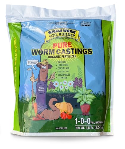 Wiggle Worm 100% Pure Organic Worm Castings Fertilizer, 4.5-Pounds - Improves Soil Fertility and Aeration for Houseplants, Vegetables, Gardens, and More – OMRI-Listed and Mineral-Dense