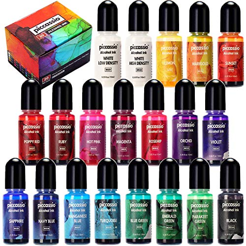 Piccassio Alcohol Ink Set - 20 Colors Vibrant Alcohol Inks - Acid-Free, Fast-Drying, Permanent Inks - Versatile Alcohol Ink for Epoxy Resin, Fluid Art Painting, Ceramic, Glass, Metal etc. - 20x10ml