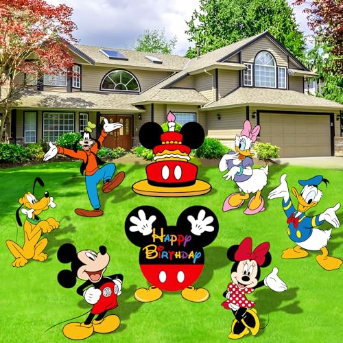 8pcs Outdoor Lawn Mouse Birthday Party Supplies HD Mouse Party Decorations Yard Signs with Stakes Classic Mouse Decorations Party Decorations Yard Signs for Mouse Clubhouse Decorations