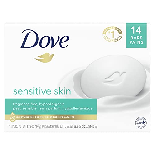 Dove Beauty Bar More Moisturizing Than Bar Soap for Softer Skin, Fragrance-Free, Hypoallergenic Beauty Bar Sensitive Skin With Gentle Cleanser 3.75 oz, 14 Bars