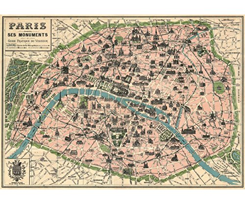 Vintage Paris Map Monuments Poster by Cavallini & Co. 20' x 28'