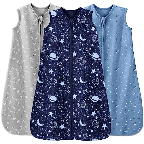 Unnivoll Baby Sleep Sack 0-6 Months 3 Pack 100% Cotton Lightweight 0.5 TOG Wearable Blanket Baby Sleep Bag with 2-Way Zipper for Newborn Infant Blue