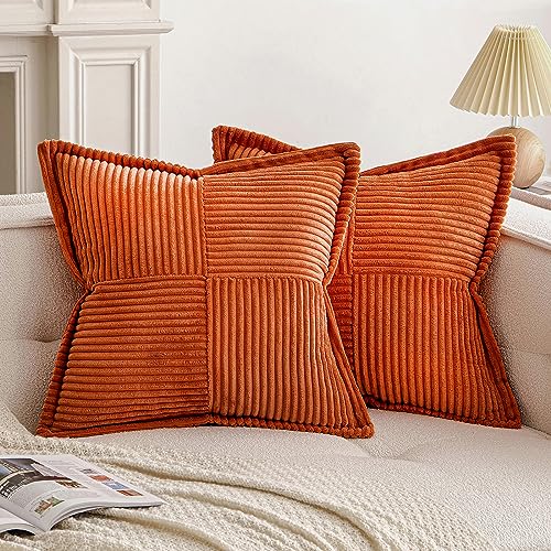 EMEMA Fall Burnt Orange Throw Pillow Covers 18x18 Inch Set of 2 Corduroy Decorative Boho Striped with Splicing Textured Farmhouse Home Decor Soft Cushion Cases for Couch Sofa Bed Livingroom