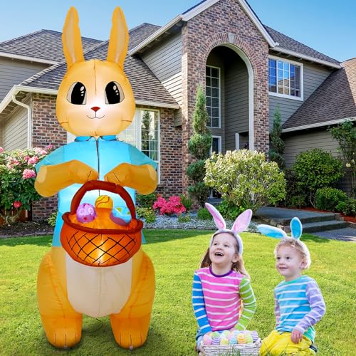 Glimin 5 ft Easter Inflatable Decoration LED Blow up Bunny Holding Easter Egg Basket Giant Inflatable Bunny Blow up Easter Rabbit with Built in LED Lights for Holiday Party Indoor Outdoor Decor