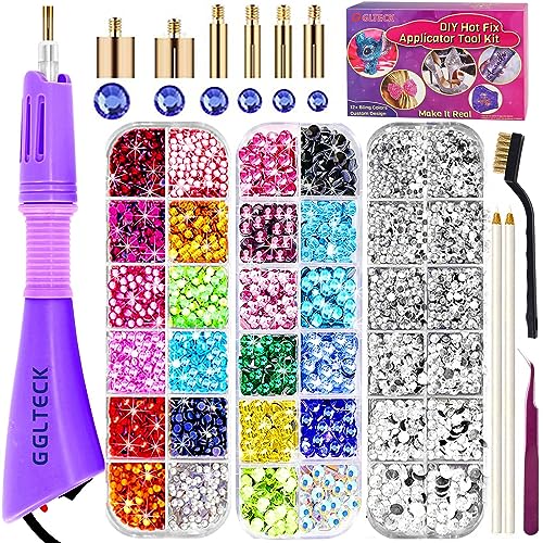 GLTECK Hotfix Applicator, Bedazzler Kit with 5784 PCS Rhinestones for Crafts, DIY Hot Fix Rhinestone Applicator Wand Setter Tool with 7 Tips, 6 Pattern Templates, Gloves, Tweezers & Cleaning Brush