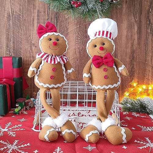 BALONAR 15Inch Large Size Christmas Plush Gingerbread Man Boy Girl Figures with Chef Hat Bowknot Christmas Ornament Home Decorations Doll Soft Door Window Table Tree Holiday Xmas Season Decor