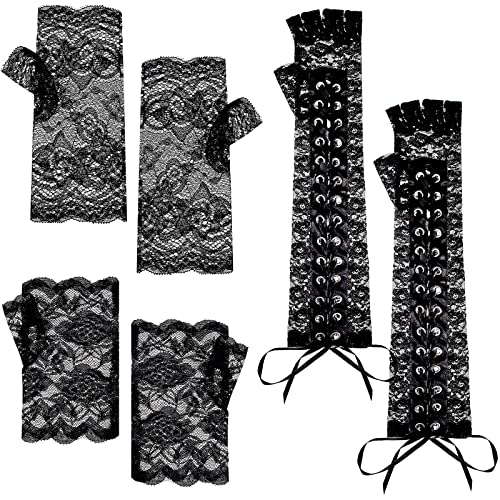 SATINIOR 3 Pairs Women Lace Fingerless Gloves Short Lace Gloves Elbow Lace up Steampunk Glove for Halloween Cosplay Party(Black, Sweet Style)