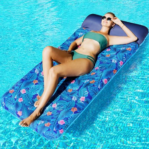 FindUWill Oversized Pool Floats for Adults - 72' X 37' Extra Large Fabric-Covered, Inflatable Pool Lounger with Headrest Ultra-Comfort Cooling Pool Floaties Mat (XL, Monstera Blue)