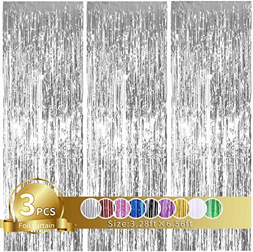 3Pcs Silver Metallic Tinsel Foil Fringe Curtains,3.28ft x 6.56ft Silver Photo Booth Backdrop Streamer Curtain,Ideal for Bachelorette,Birthday,Christmas,New Year Party Decorations