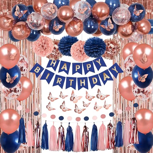 Rose Gold and Navy Blue Birthday Party Decorations for Women with Happy Birthday Banner,Curtains, Butterfly Wall,Circle Dots Garland,Tissue Pompoms,Paper Tassels Garland Birthday for Her (blue)