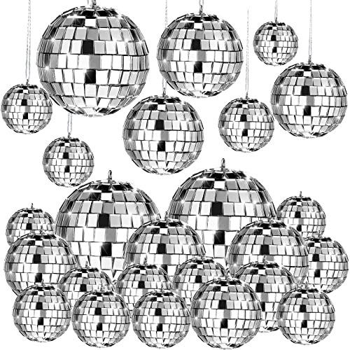 20 Pcs Hanging Mirror Disco Ball Ornaments Assorted Silver Mini Glass Disco Balls Decoration Different Size Reflective with Rope Wedding Party Supplies(2.4 Inch, 2 Inch, 1.6 Inch, 1.2 Inch)