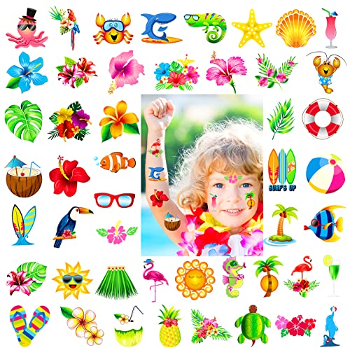 Konsait Summer Beach Pool Hawaiian Luau Themed Temporary Tattoos for Kids and Adults, 96 Assorted Tropical Tattoos, Tropical Party Decoration Supplies, Kids Birthday Party Bag Filler, Party Favors