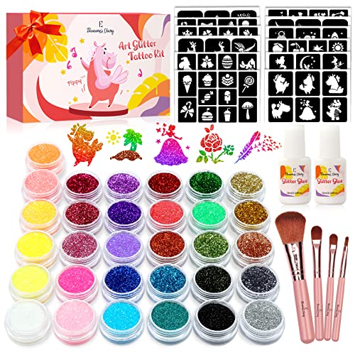Temporary Glitter Tattoo Kids, Eleanore's Diary 31 Glitter Colors,165 Unique Stencils,2 Glue,4 Brushes,Adults & Kids Arts Glitter Make Up Kit, Gifts for Girls Boys Birthday Party Easter Festival