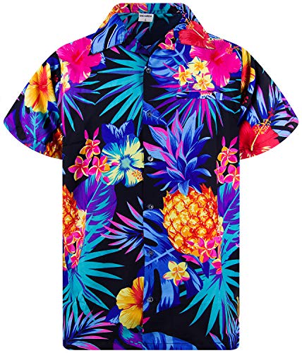 KING KAMEHA Men's Pineapple-Desings Summer-Party-Shirts Short-Sleeve, Pineapple, Black-Blue, 4XL