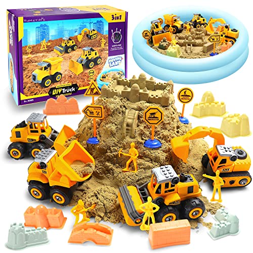 YIDESTARS Play Construction Sand Kit,2.2lbs Magic Sand W/4 Large Take Apart Construction Trucks,1 Sandbox,8 Worker Figures and Road Signs,8 Molds,Toys for 2-8 Years Old Boys Girls