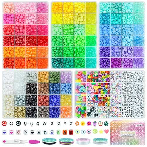 Paodey 5 Boxes Pony Beads for Bracelets, 96 Colors 6x9mm Friendship Bracelet Making Kit Large Plastic Kandi Beads Sets with 800Pcs Letter Bead Flower Beads Crafts Gift for Kids Adults DIY Jewelry Toys