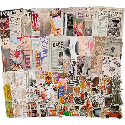 Knaid Vintage Scrapbook Supplies Pack (200 Pieces) for Junk Journal Bullet Journals Planners Aesthetic Paper Stickers Craft Kits Cottagecore Collage Album (Retro)