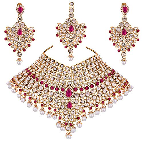 I Jewels 18K Gold Plated Indian Wedding Bollywood Kundan And Stone Studded Choker Necklace Jewellery Set for Bridal Dulhan (IJ021Q)
