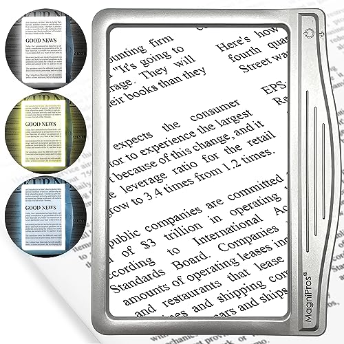 MAGNIPROS 5X Large Ultra Bright LED Page Magnifier with Anti-Glare Lens & Stepless LEDs(Even Lighting & Relieve Eye Strain)-Ideal for Reading Small Print, Stocking Stuffer for Low Vision & Seniors