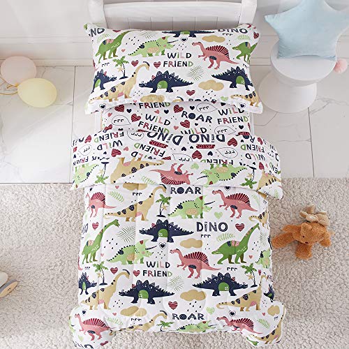 Joyreap 4 Piece Toddler Bedding Set, Dinosaur Theme Printed on White, Standard Size Includes Quilted Comforter, Fitted Sheet, Top Sheet, and Pillow Case for Boys n Girls
