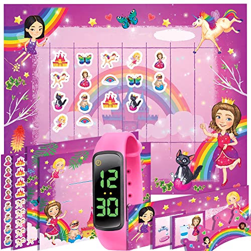 Premium Potty Training Watch & Charts Bundle - Only Watch with Multiple Alarms (16) to Fit Your Schedule & Easy to Use Smart Timer - Water Resistant - Princess Theme (Pink)