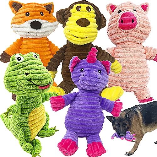 Jalousie 5 Pack Plush Toys Assortment Value Bundle Puppy Pet Mutt Squeak Toy for Medium Large Dogs