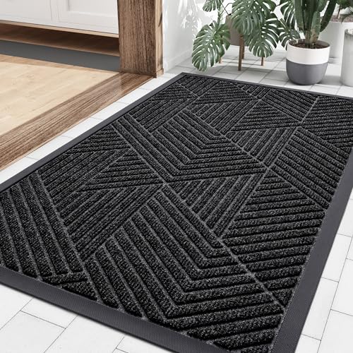 smiry Front Door Mat Outside Entrance, Heavy Duty Natural Rubber Mat, Sturdy Trap Dirt and Moisture Indoor Outdoor Door Mat, Easy Clean Low Profile Doormat Outdoor Entrance, 29.5x17 Inch, Black