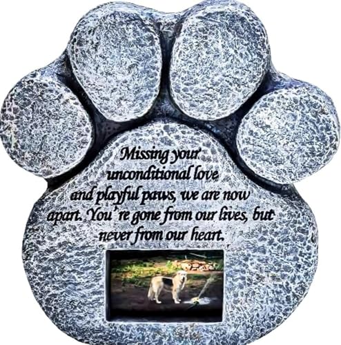 Pawprints Remembered Pet Memorial Stone - Features a Paw Print Photo Frame and Sympathy Poem - Indoor Outdoor for Garden Backyard Marker Grave Tombstone - Loss of Pet Gift - Loss of Dog Gift